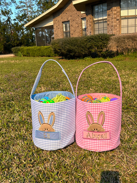 Personalized Gingham Easter Basket with Bunny