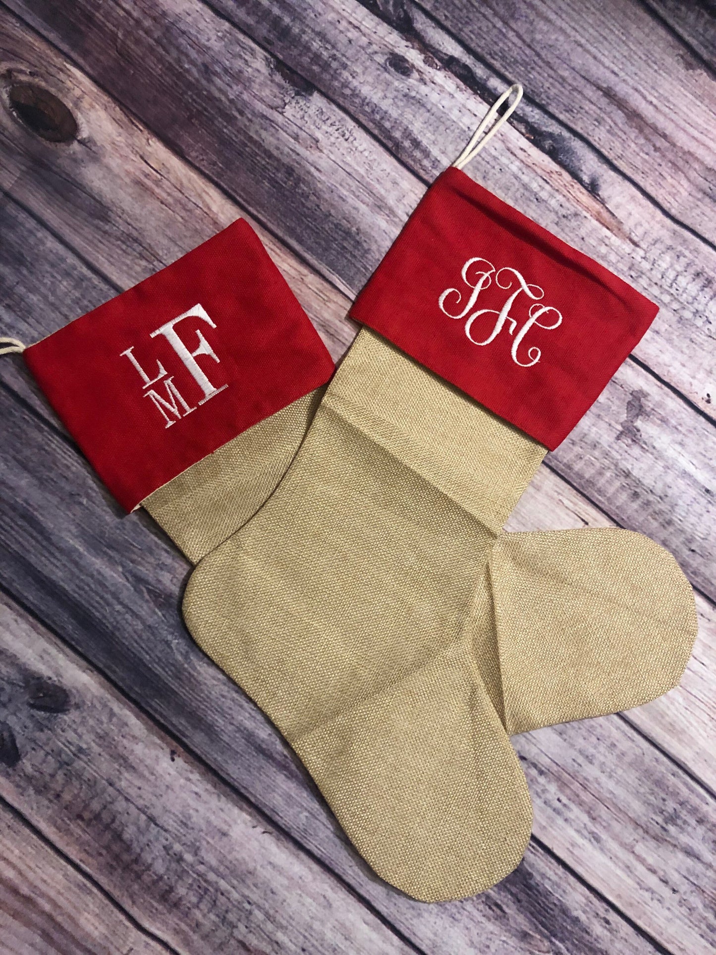 Embroidered Burlap Christmas Stockings with Red Cuff