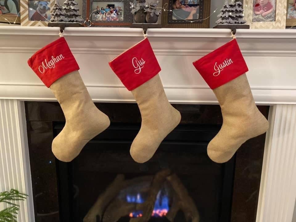 Embroidered Burlap Christmas Stockings with Red Cuff