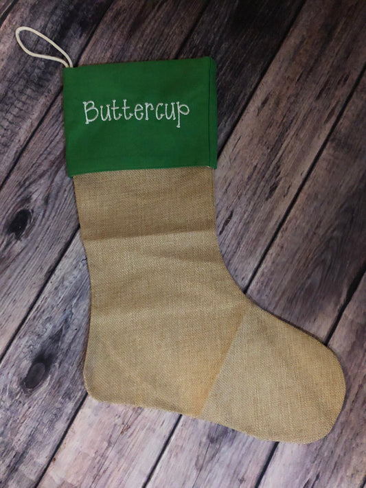Embroidered Burlap Christmas Stockings with Green Cuff