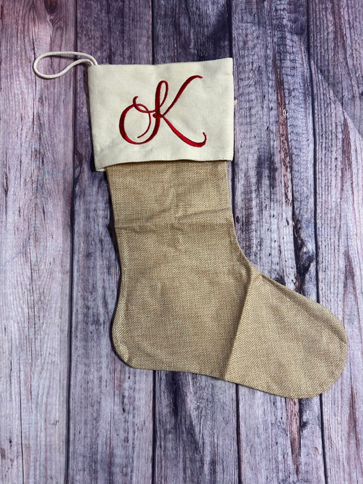 Embroidered Burlap Christmas Stockings with Cream Cuff